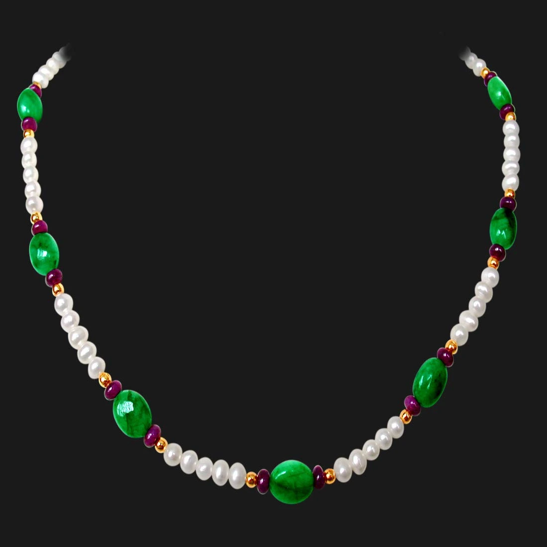 Green Sheen - Single Line Real Oval Emerald, Ruby Beads & Freshwater Pearl Necklace for Women (SN175)