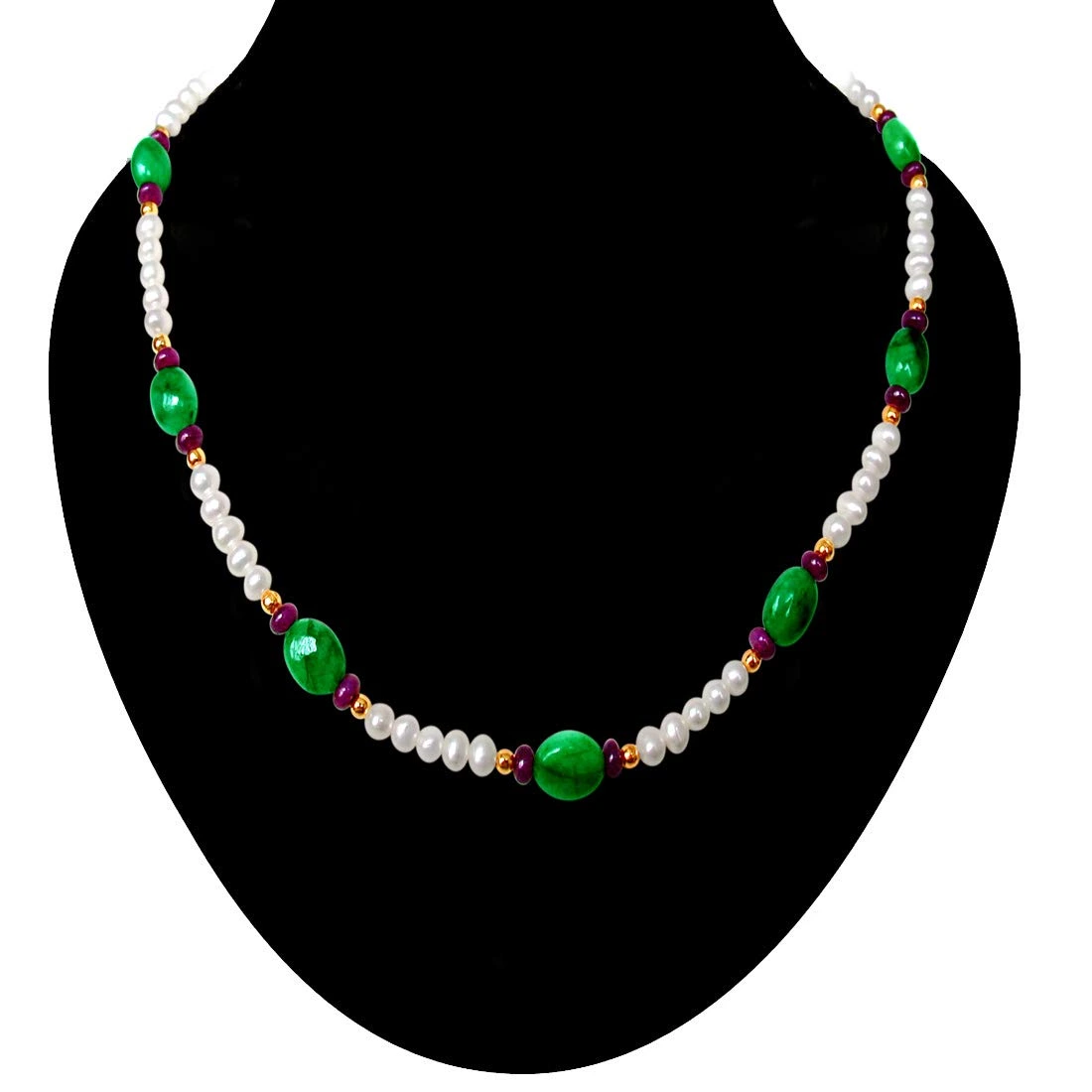 Green Sheen - Single Line Real Oval Emerald, Ruby Beads & Freshwater Pearl Necklace for Women (SN175)