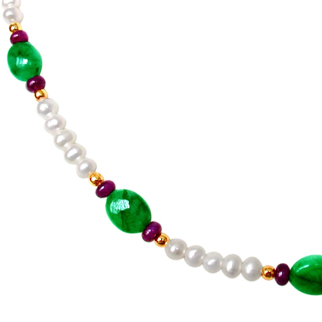 Green Sheen - Single Line Real Oval Emerald, Ruby Beads & Freshwater Pearl Necklace for Women (SN175)