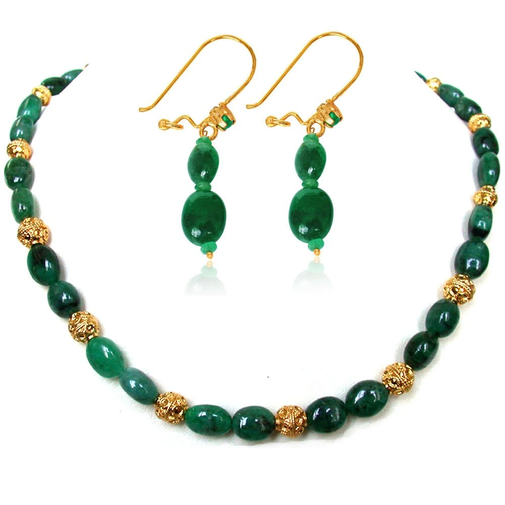 Genuine Oval Shaped Green Emerald Necklace & Earring Jewellery Set for Women (SN185SE100)