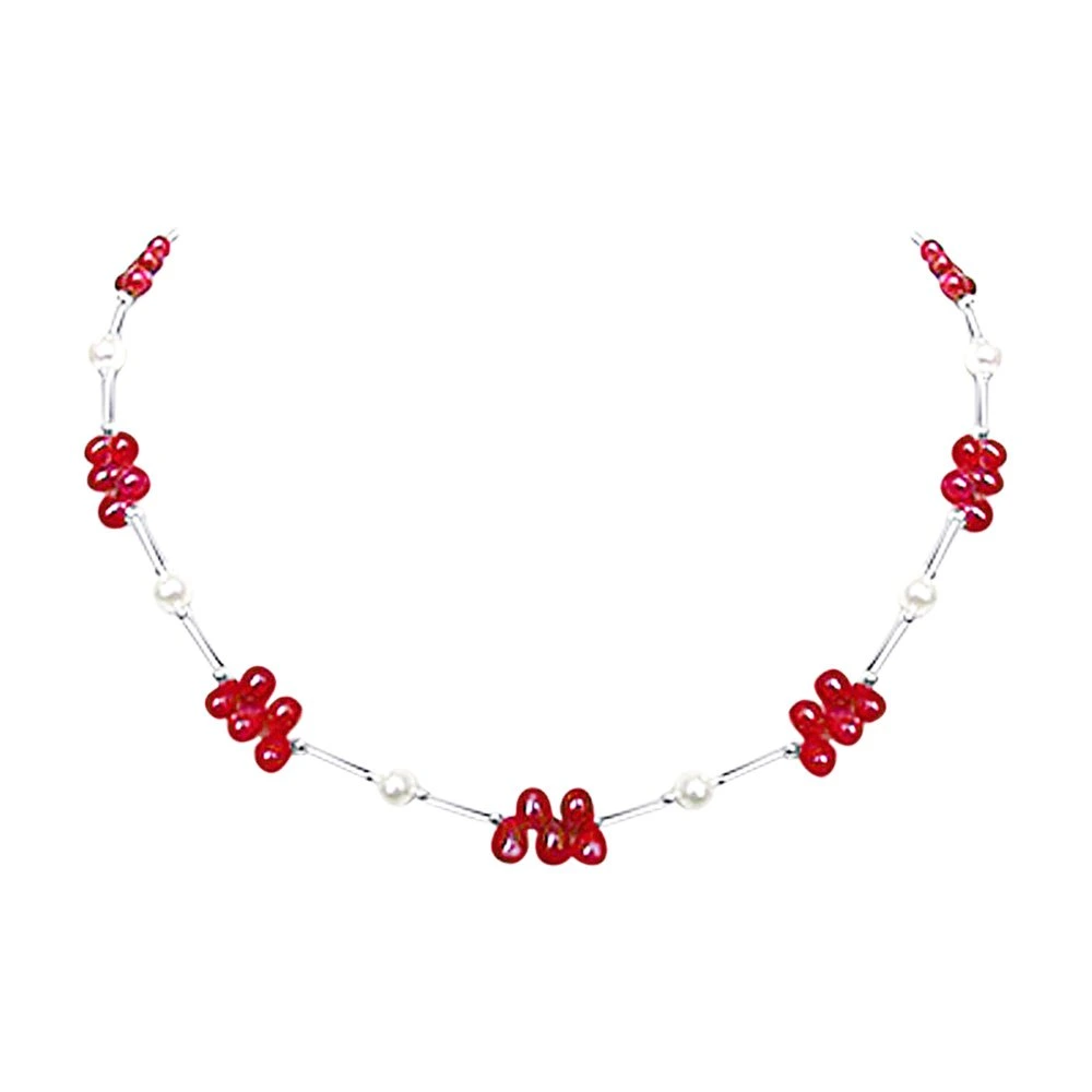 Dazzling Drops - Real Drop Ruby, Freshwater Pearl & Silver Plated Pipe Necklace for Women (SN188)