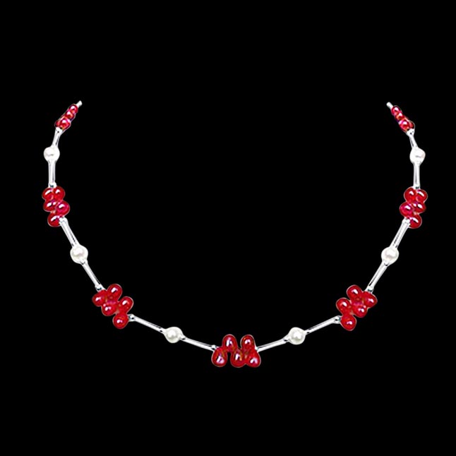 Dazzling Drops - Real Drop Ruby, Freshwater Pearl & Silver Plated Pipe Necklace for Women (SN188)