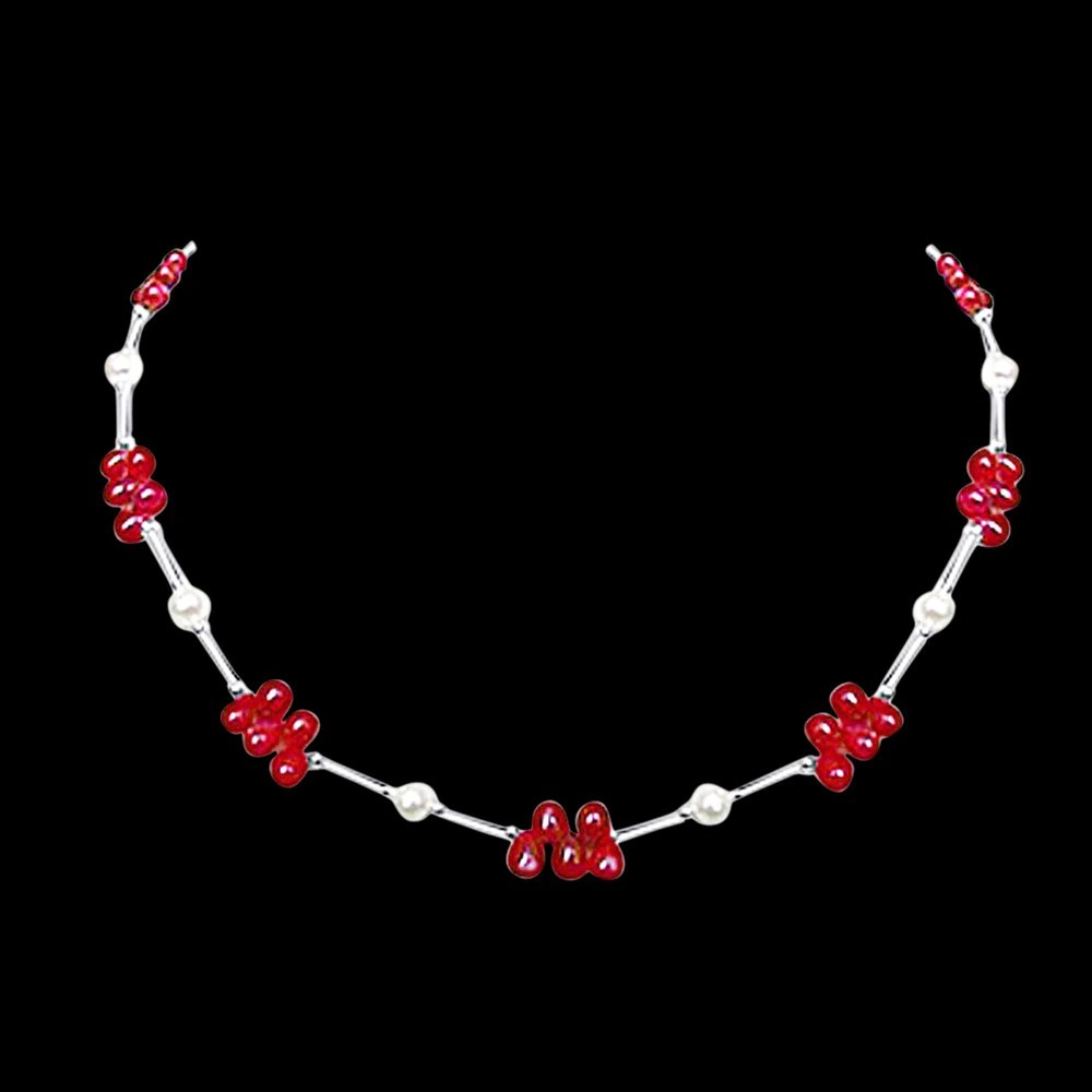 Dazzling Drops - Real Drop Ruby, Freshwater Pearl & Silver Plated Pipe Necklace for Women (SN188)