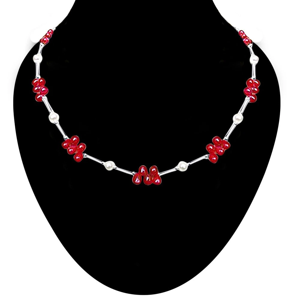 Dazzling Drops - Real Drop Ruby, Freshwater Pearl & Silver Plated Pipe Necklace for Women (SN188)