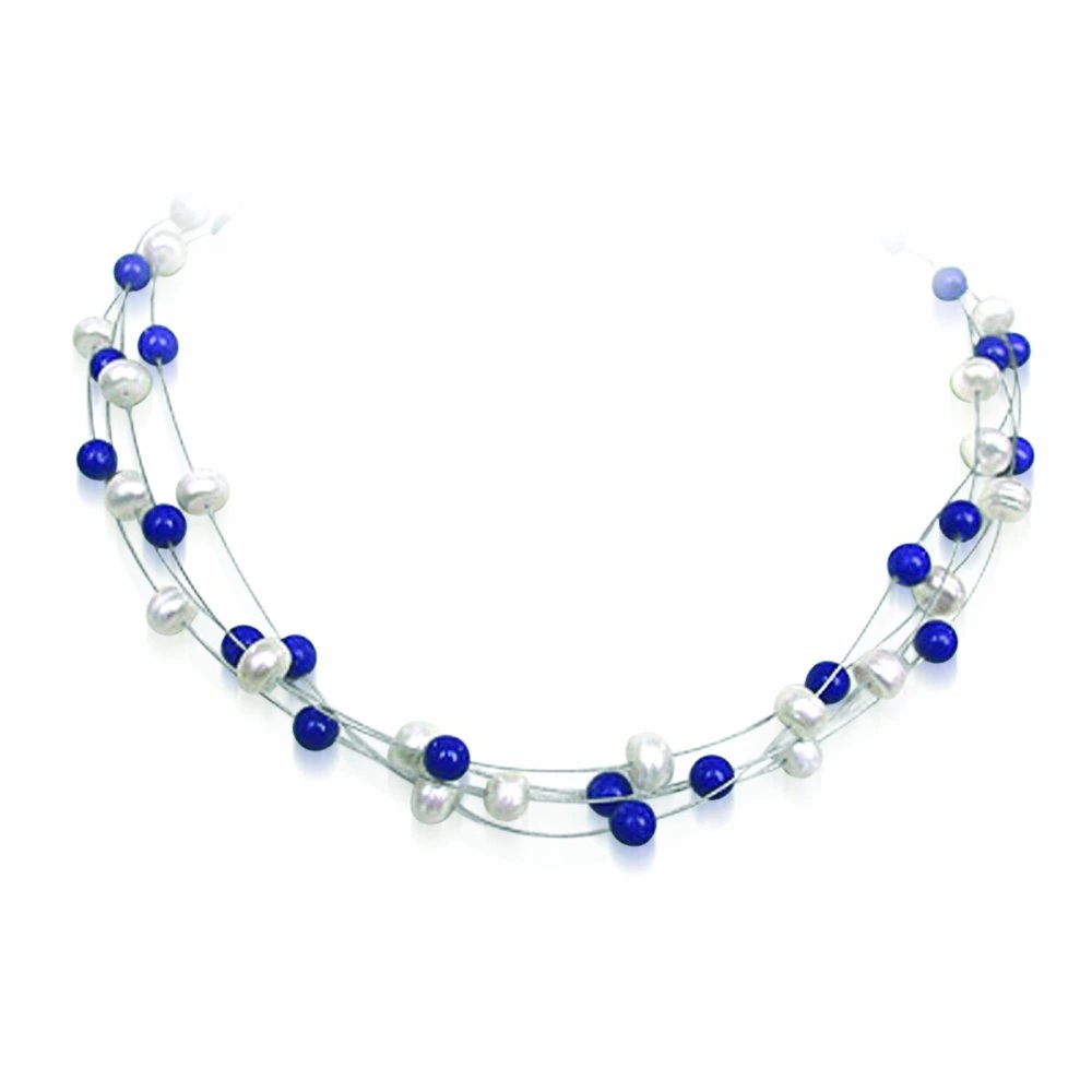 Delight - 4 Line Freshwater Pearl & Blue Lapiz beads Wire Style Necklace for Women (SN194)