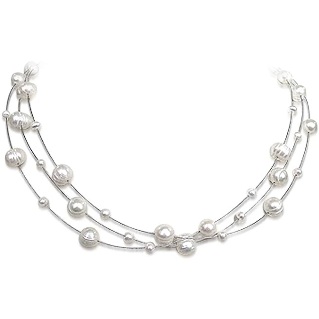 Jealousy - 3 Line Big & Small Freshwater Pearl Wire Style Necklace for Women (SN195)