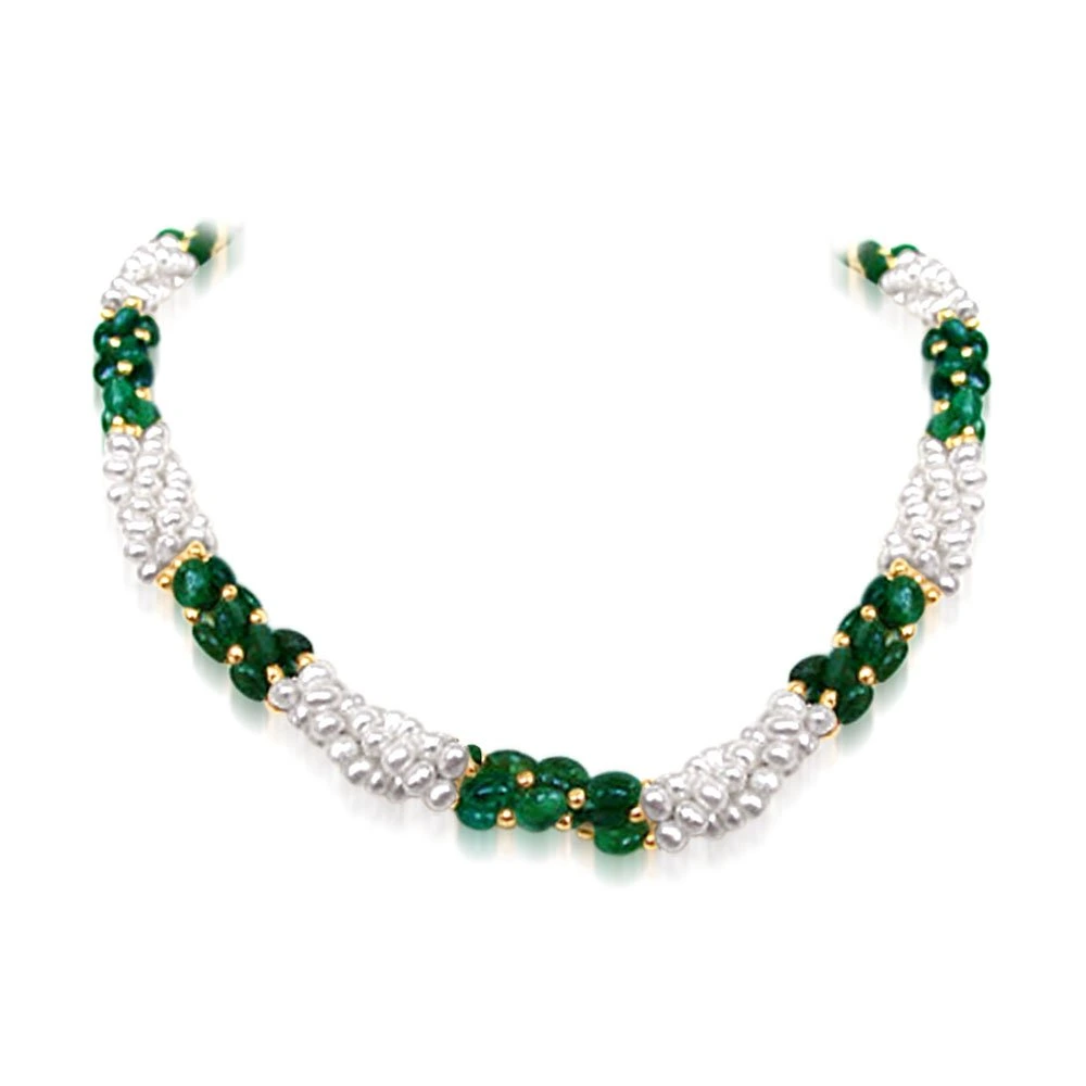 Sweet Emerald Embrace - Twisted Real Emerald & Freshwater Pearl Necklace for Women (SN196)