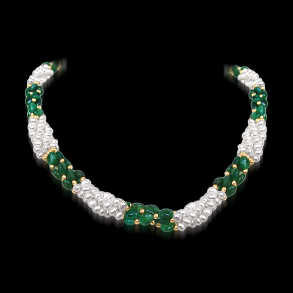 Sweet Emerald Embrace - Twisted Real Emerald & Freshwater Pearl Necklace for Women (SN196)