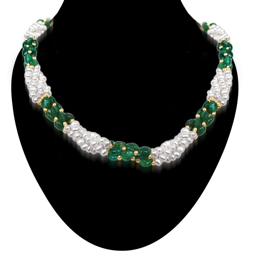 Sweet Emerald Embrace - Twisted Real Emerald & Freshwater Pearl Necklace for Women (SN196)