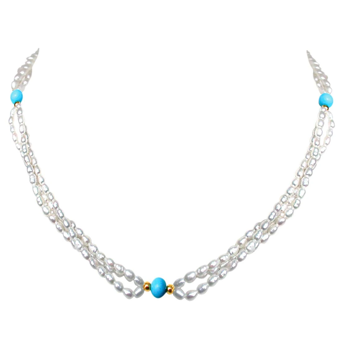 3 Line Twisted Real Pearl & Blue Turquoise Beads Necklace for Women (SN199)