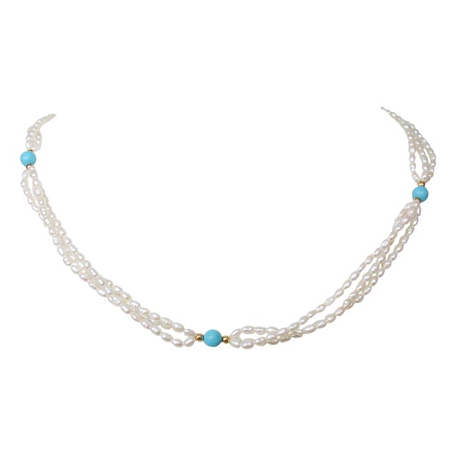 3 Line Twisted Real Pearl & Blue Turquoise Beads Necklace for Women (SN199)