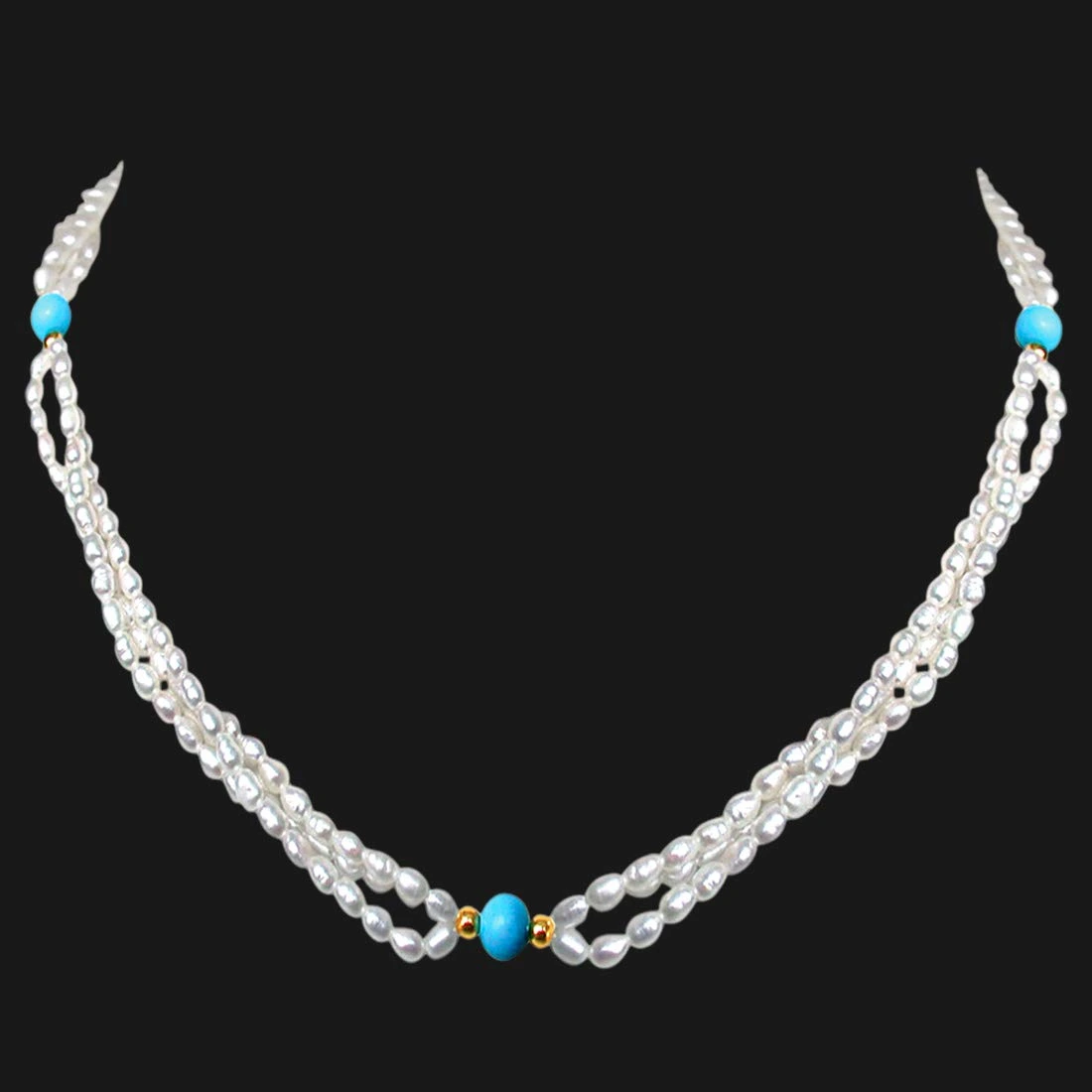 3 Line Twisted Real Pearl & Blue Turquoise Beads Necklace for Women (SN199)