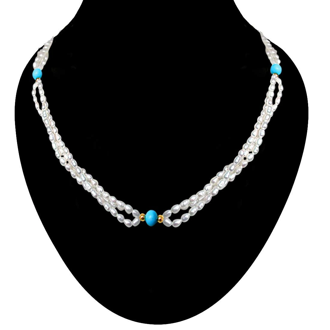 3 Line Twisted Real Pearl & Blue Turquoise Beads Necklace for Women (SN199)