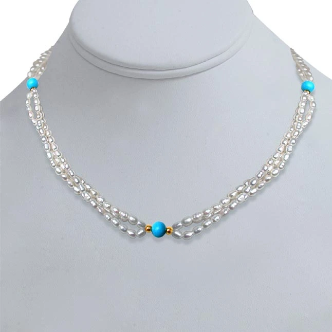 3 Line Twisted Real Pearl & Blue Turquoise Beads Necklace for Women (SN199)