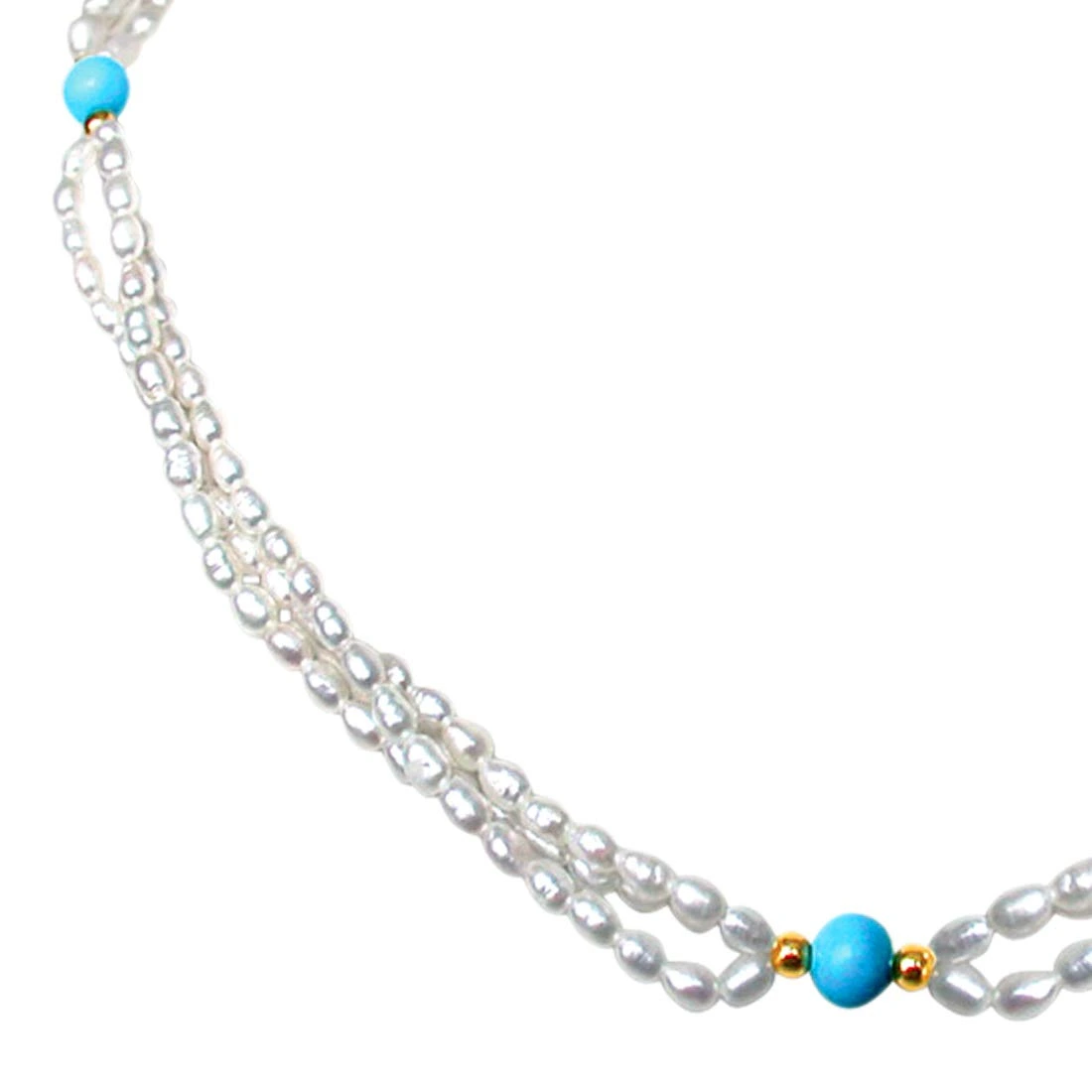 3 Line Twisted Real Pearl & Blue Turquoise Beads Necklace for Women (SN199)