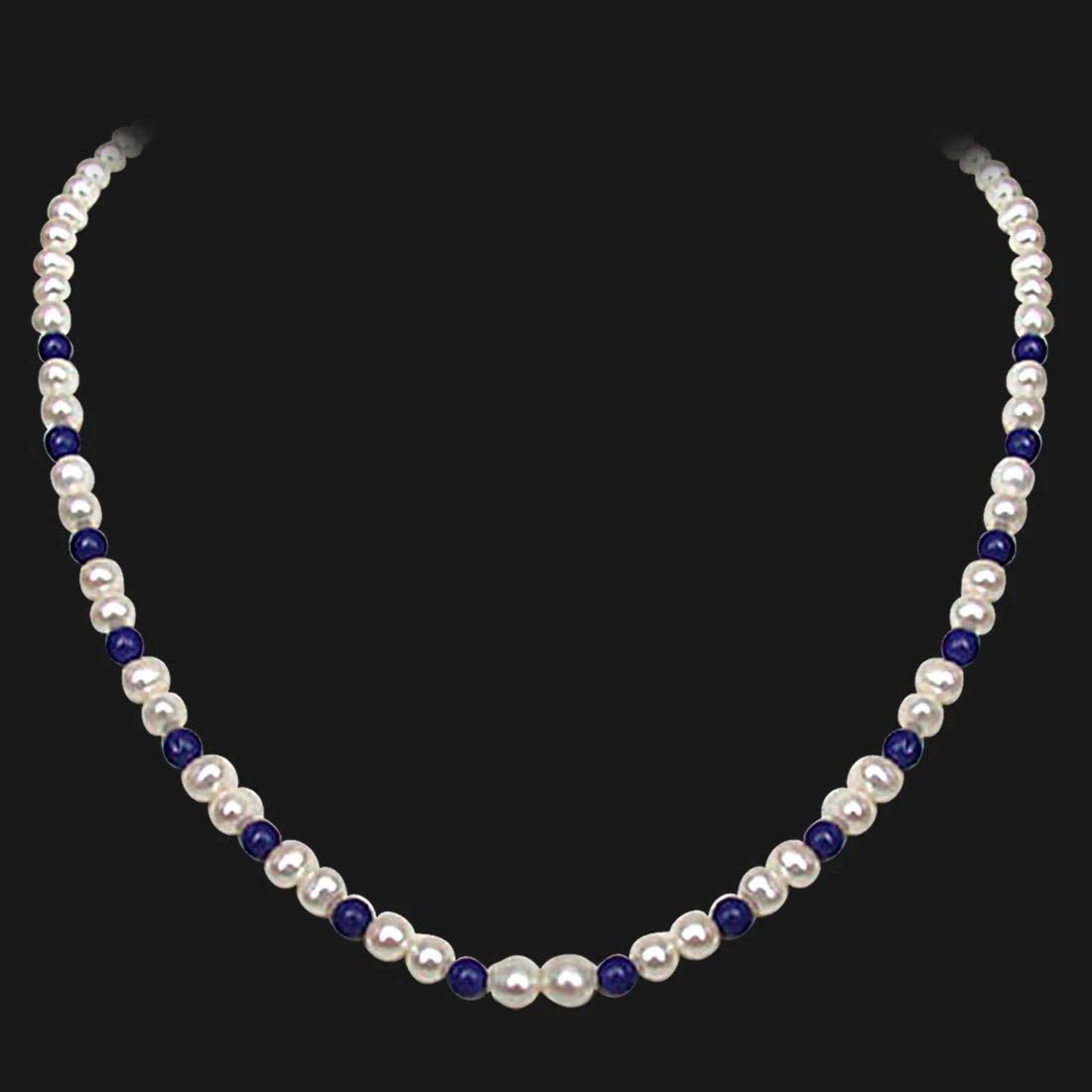 Regalia - Single Line Real Freshwater Pearl & Blue Lapiz Beads Necklace for Women (SN19)