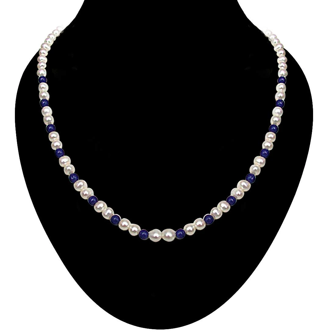 Regalia - Single Line Real Freshwater Pearl & Blue Lapiz Beads Necklace for Women (SN19)