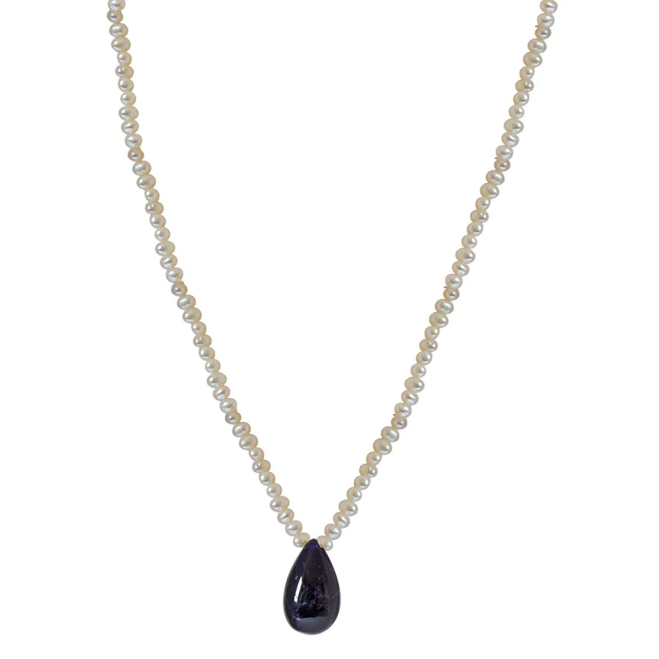 Real Drop Blue Sapphire & Freshwater Pearl Necklace & Silver Plated Hanging Earring (SN200+SE390)