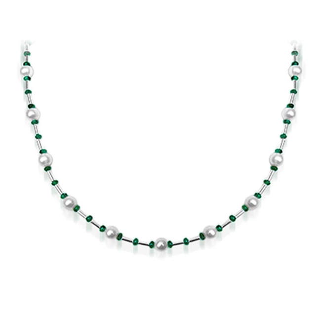Gorgeous Girl - Single Line Freshwater Pearl, Emerald beads & Silver Plated Pipe Necklace for Women (SN201)