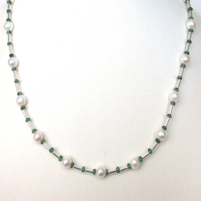 Gorgeous Girl - Single Line Freshwater Pearl, Emerald beads & Silver Plated Pipe Necklace for Women (SN201)