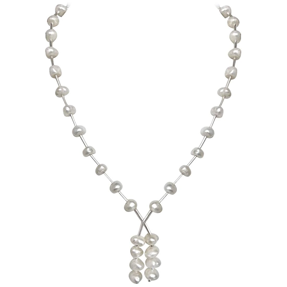 Scintillant - Single Line Freshwater Pearl & Silver Plated Pipe Necklace for Women (SN204)