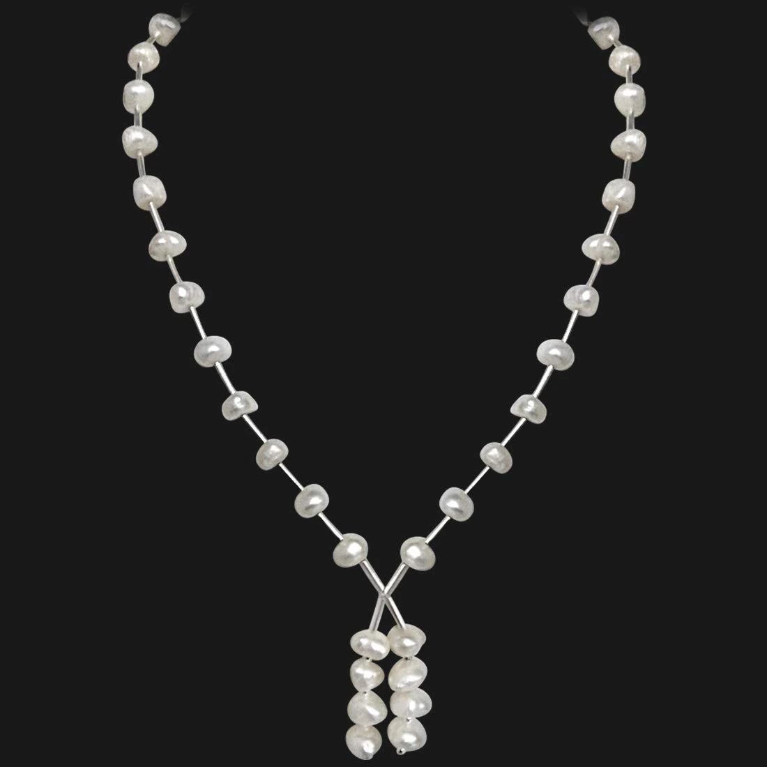 Scintillant - Single Line Freshwater Pearl & Silver Plated Pipe Necklace for Women (SN204)