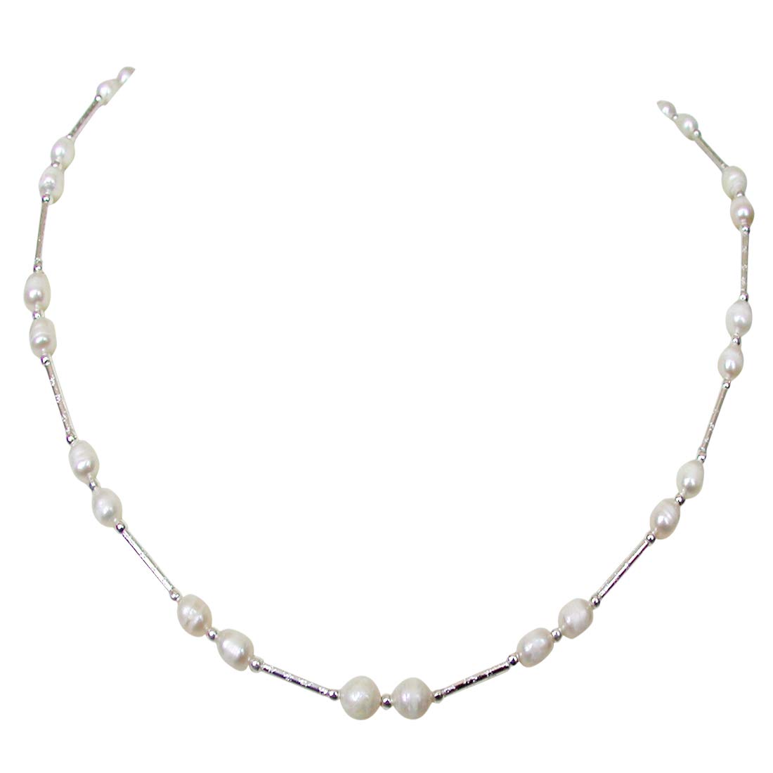 Flambeau - Single Line Real Freshwater Pearl & Silver Plated Pipe Necklace for Women SN206