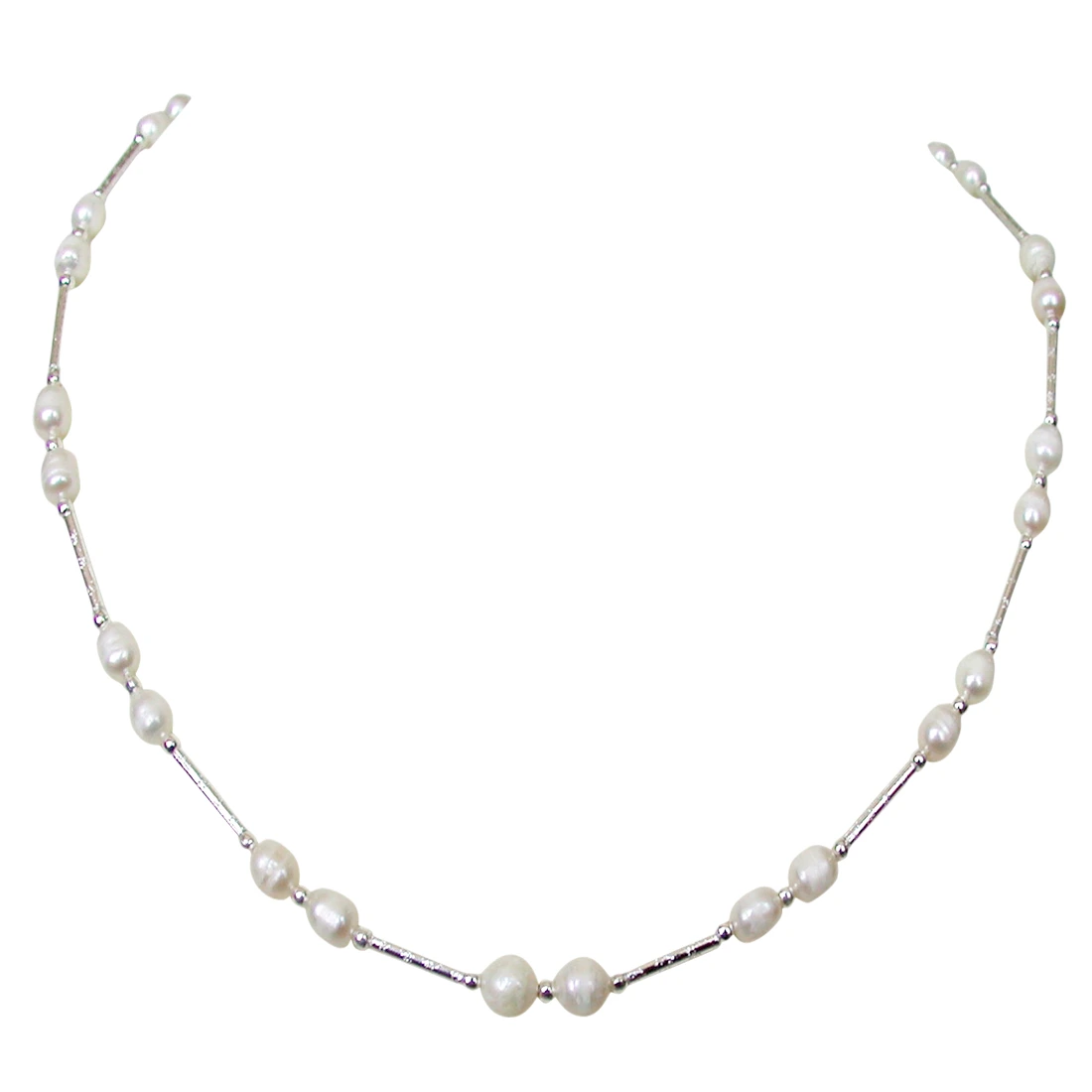 Flambeau - Single Line Real Freshwater Pearl & Silver Plated Pipe Necklace for Women (SN206)