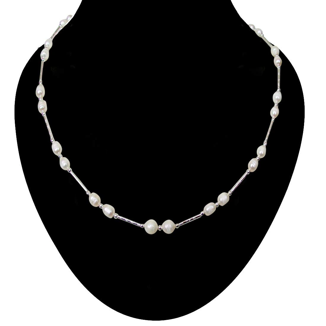 Flambeau - Single Line Real Freshwater Pearl & Silver Plated Pipe Necklace for Women (SN206)