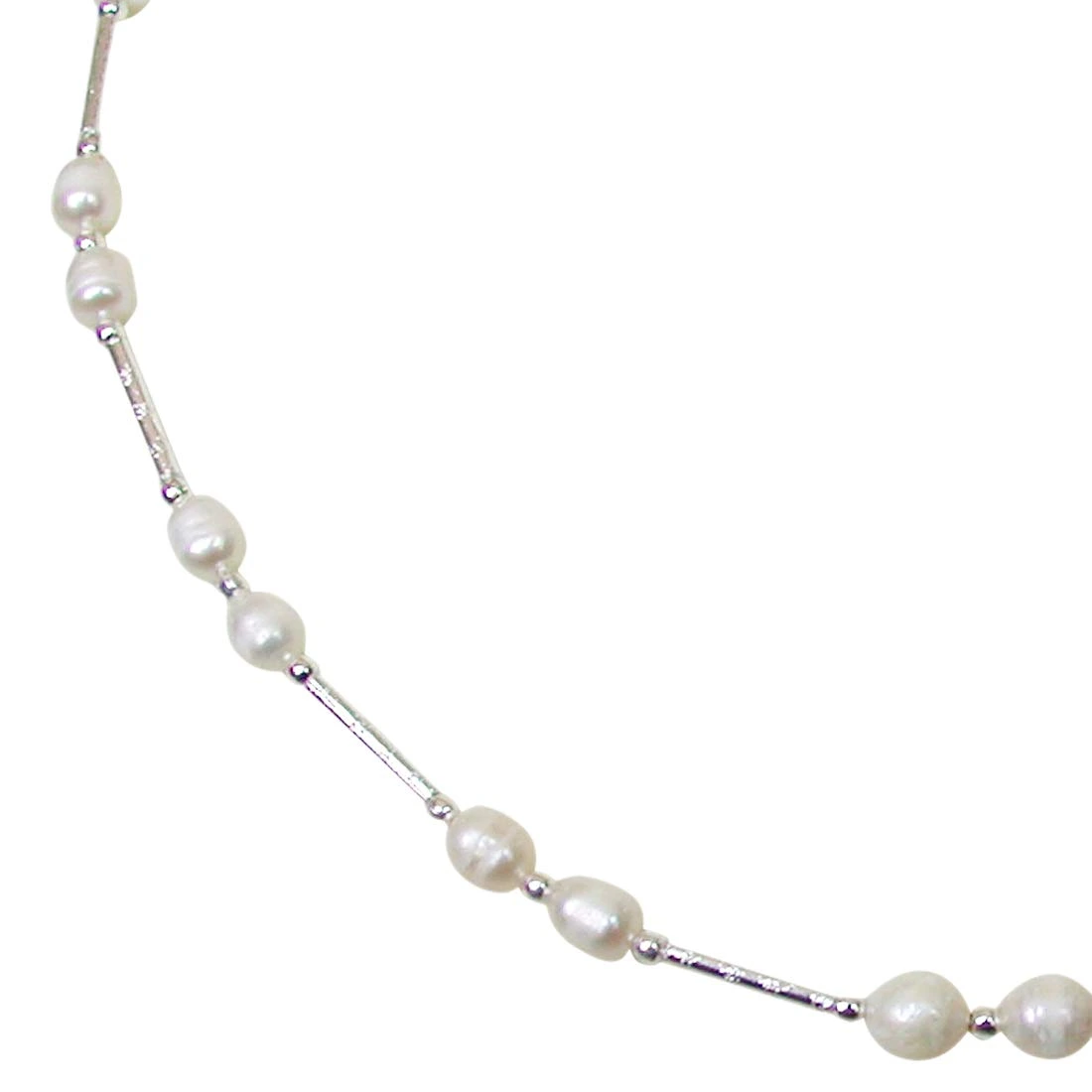Flambeau - Single Line Real Freshwater Pearl & Silver Plated Pipe Necklace for Women (SN206)