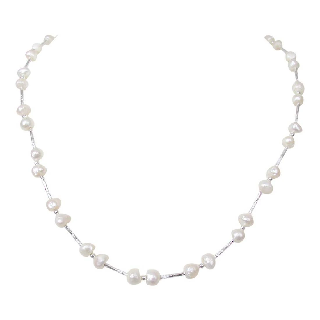 Single Line Real Freshwater Pearl & Silver Plated Pipe Necklace (SN209)