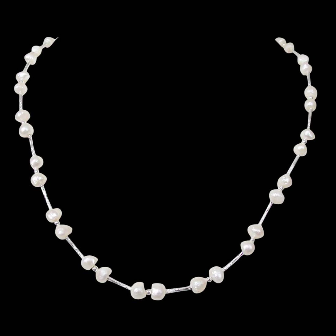 Single Line Real Freshwater Pearl & Silver Plated Pipe Necklace (SN209)
