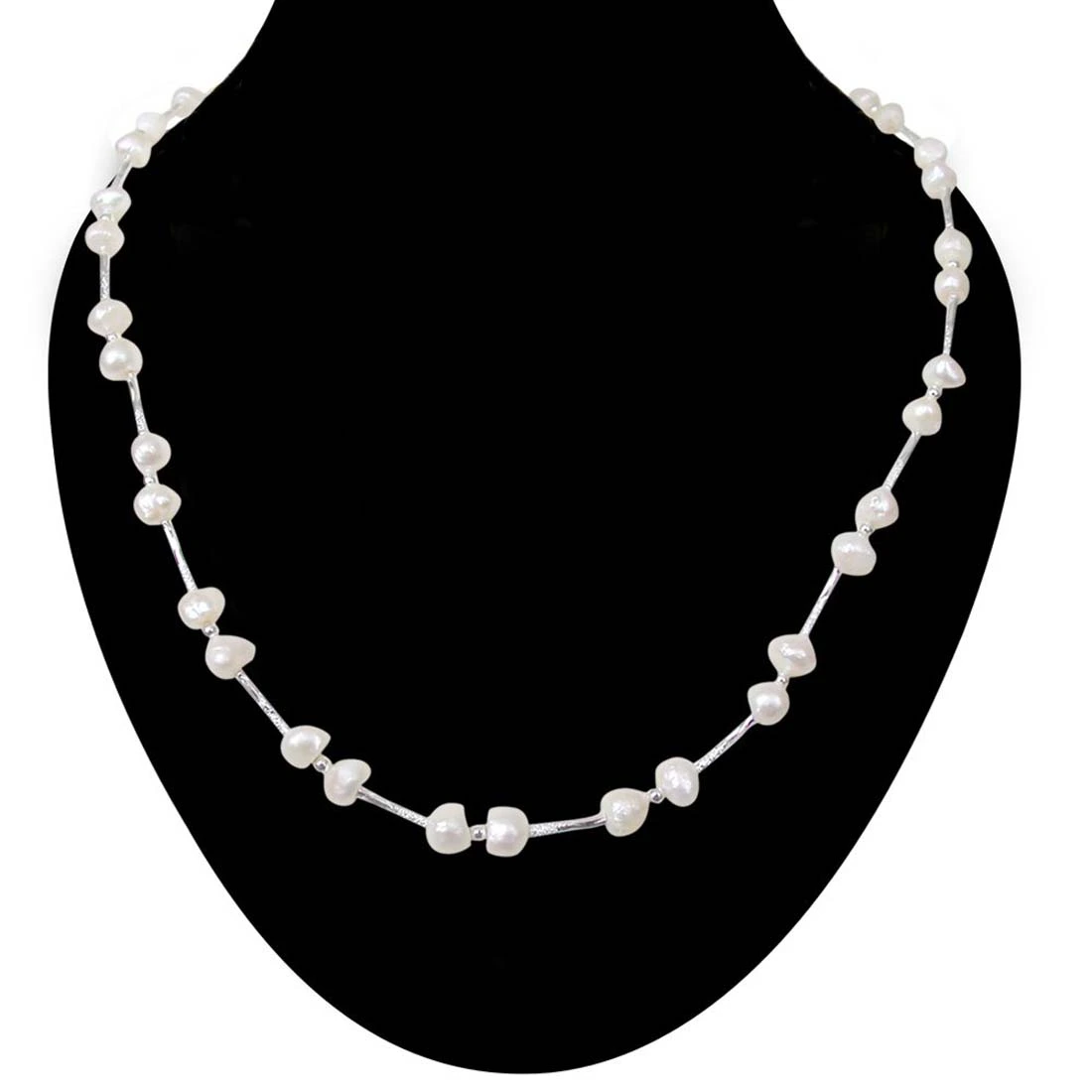 Single Line Real Freshwater Pearl & Silver Plated Pipe Necklace (SN209)