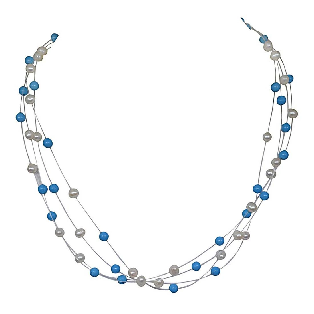 Real 4 Line Real Freshwater Pearl & Turquoise Beads wire Necklace (SN211)