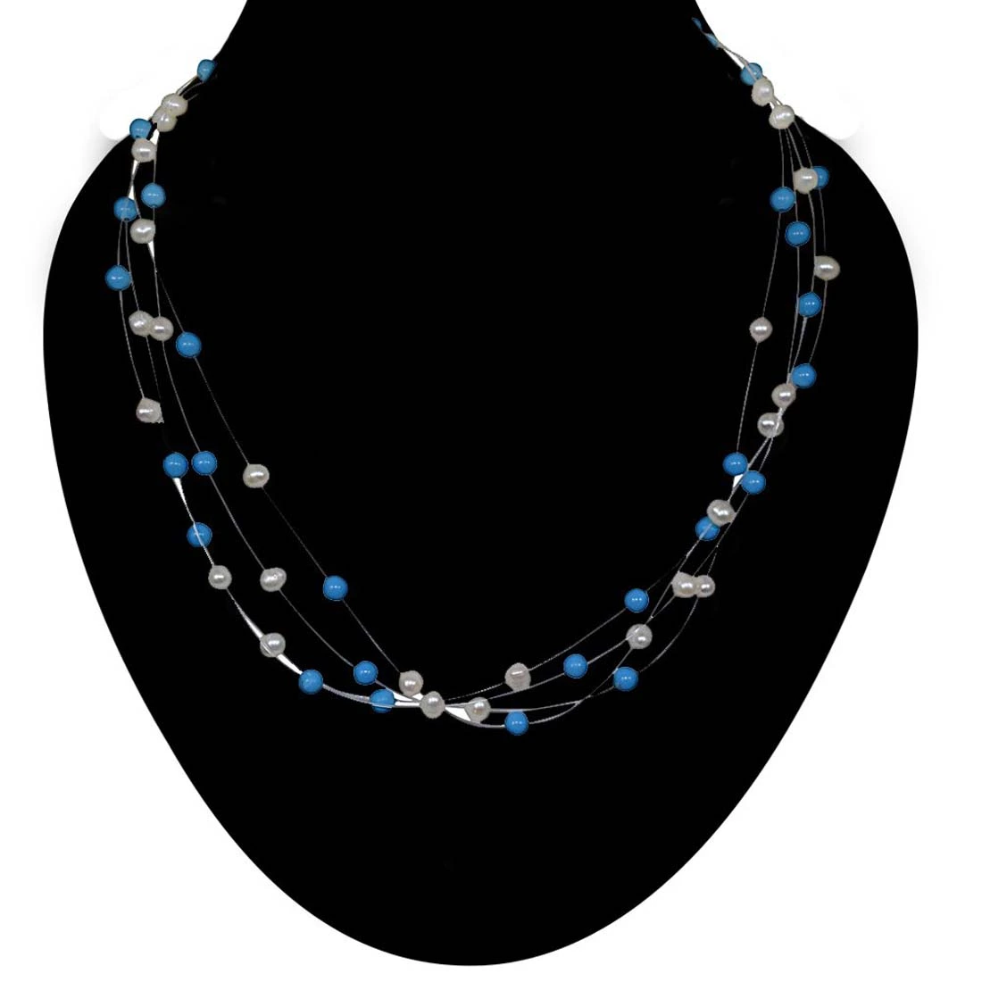 Real 4 Line Real Freshwater Pearl & Turquoise Beads wire Necklace