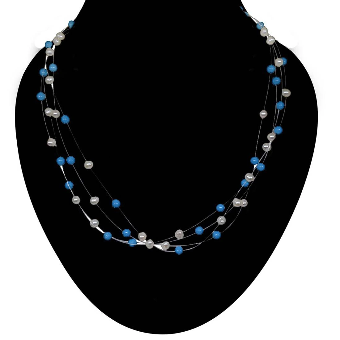 Real 4 Line Real Freshwater Pearl & Turquoise Beads wire Necklace (SN211)