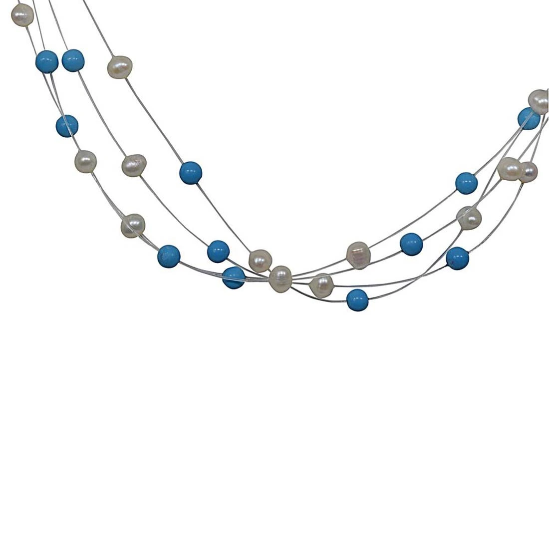 Real 4 Line Real Freshwater Pearl & Turquoise Beads wire Necklace