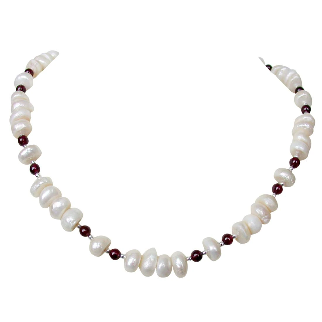 Bounty - Single Line Real Freshwater Pearl, Red Garnet & Silver Plated Beads Necklace for Women (SN215)