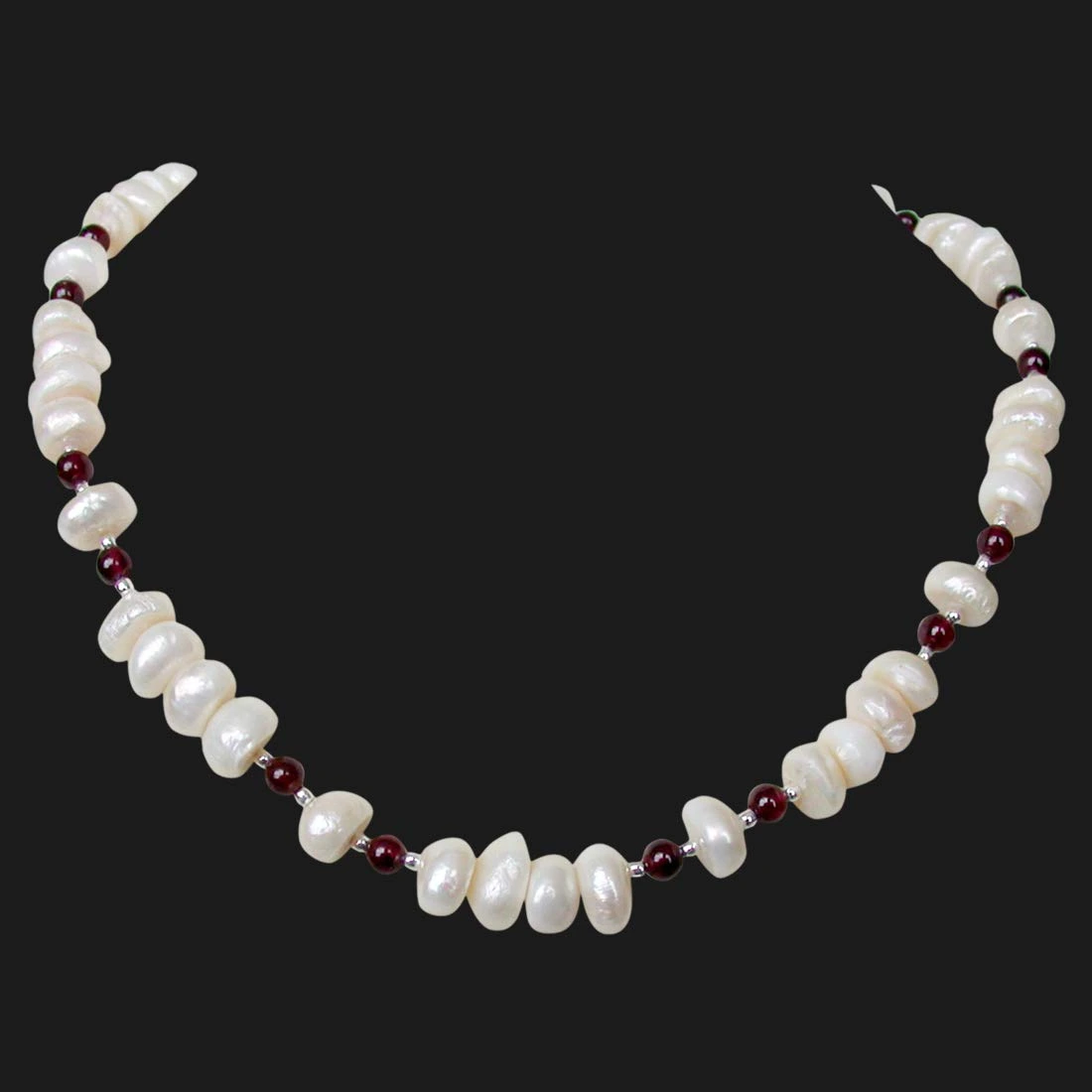 Bounty - Single Line Real Freshwater Pearl, Red Garnet & Silver Plated Beads Necklace for Women (SN215)