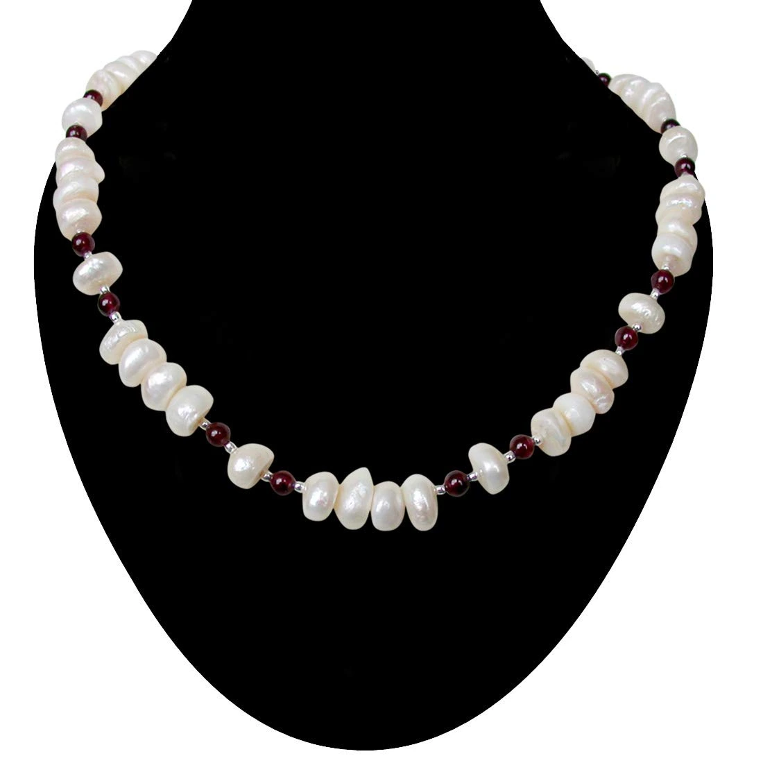 Bounty - Single Line Real Freshwater Pearl, Red Garnet & Silver Plated Beads Necklace for Women (SN215)