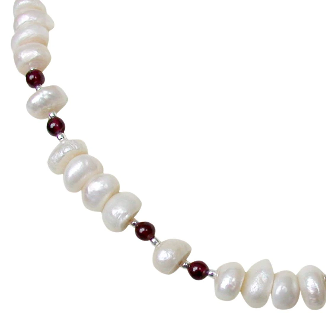 Bounty - Single Line Real Freshwater Pearl, Red Garnet & Silver Plated Beads Necklace for Women (SN215)