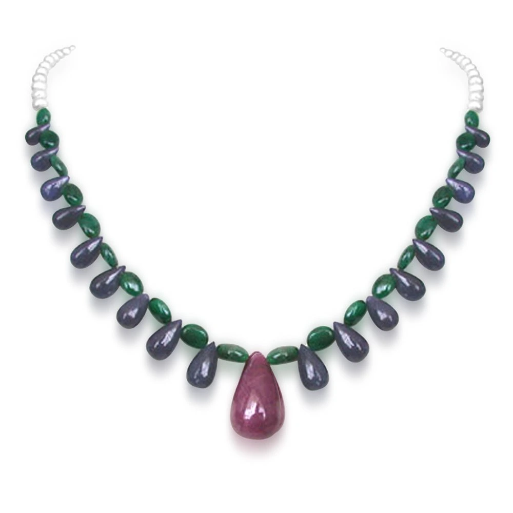 Svelte Splendor - Single Line Real Drop Ruby, Drop Sapphire, Oval Emerald & Freshwater Pearl Necklace for Women (SN217)