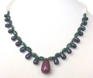 Svelte Splendor - Single Line Real Drop Ruby, Drop Sapphire, Oval Emerald & Freshwater Pearl Necklace for Women (SN217)