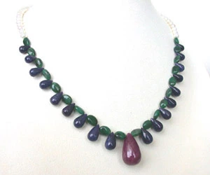 Svelte Splendor - Single Line Real Drop Ruby, Drop Sapphire, Oval Emerald & Freshwater Pearl Necklace for Women (SN217)