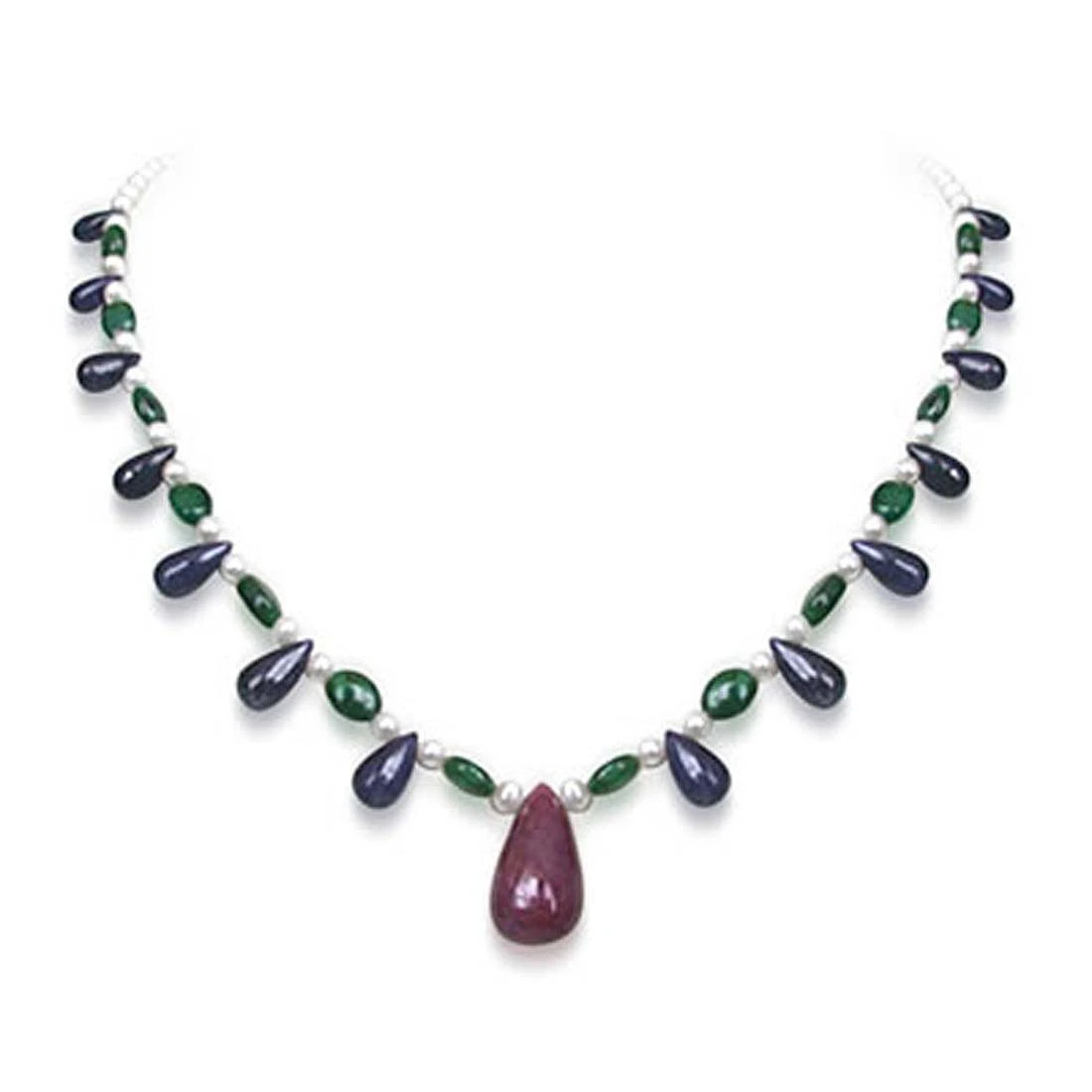 Blissful Beauty - Single Line Real Big Drop Ruby, Drop Sapphire, Oval Emerald & Freshwater Pearl Necklace for Women (SN219)