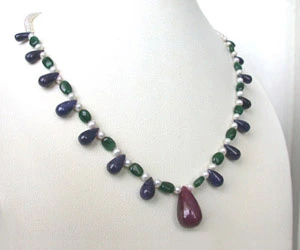 Blissful Beauty - Single Line Real Big Drop Ruby, Drop Sapphire, Oval Emerald & Freshwater Pearl Necklace for Women (SN219)