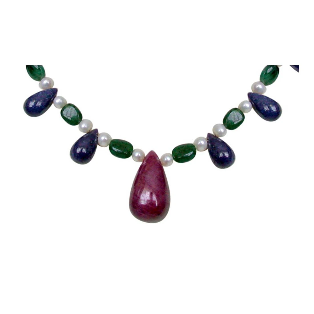 Blissful Beauty - Single Line Real Big Drop Ruby, Drop Sapphire, Oval Emerald & Freshwater Pearl Necklace for Women (SN219)
