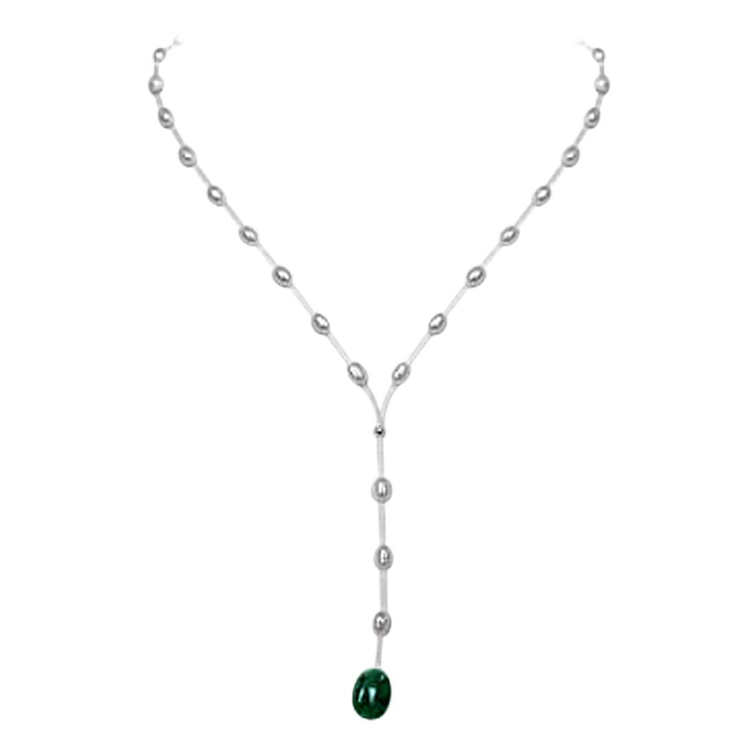 Untouched Beauty - Real Rice Pearl & Oval Emerald Wire Style Necklace for Women (SN222)
