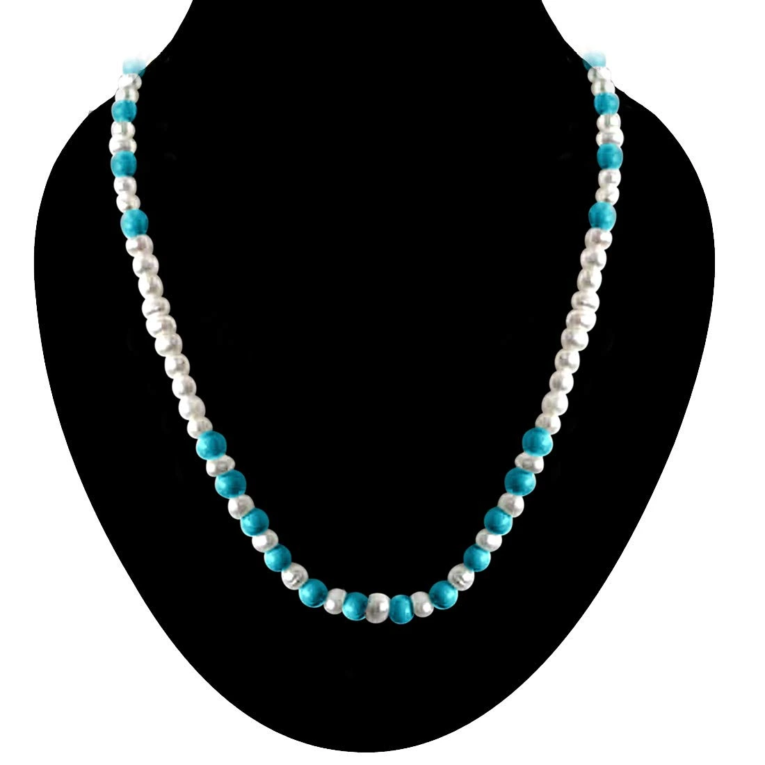 Beautiful Intoxication - Single Line Real Freshwater Pearl & Turquoise Beads Necklace for Women (SN22)