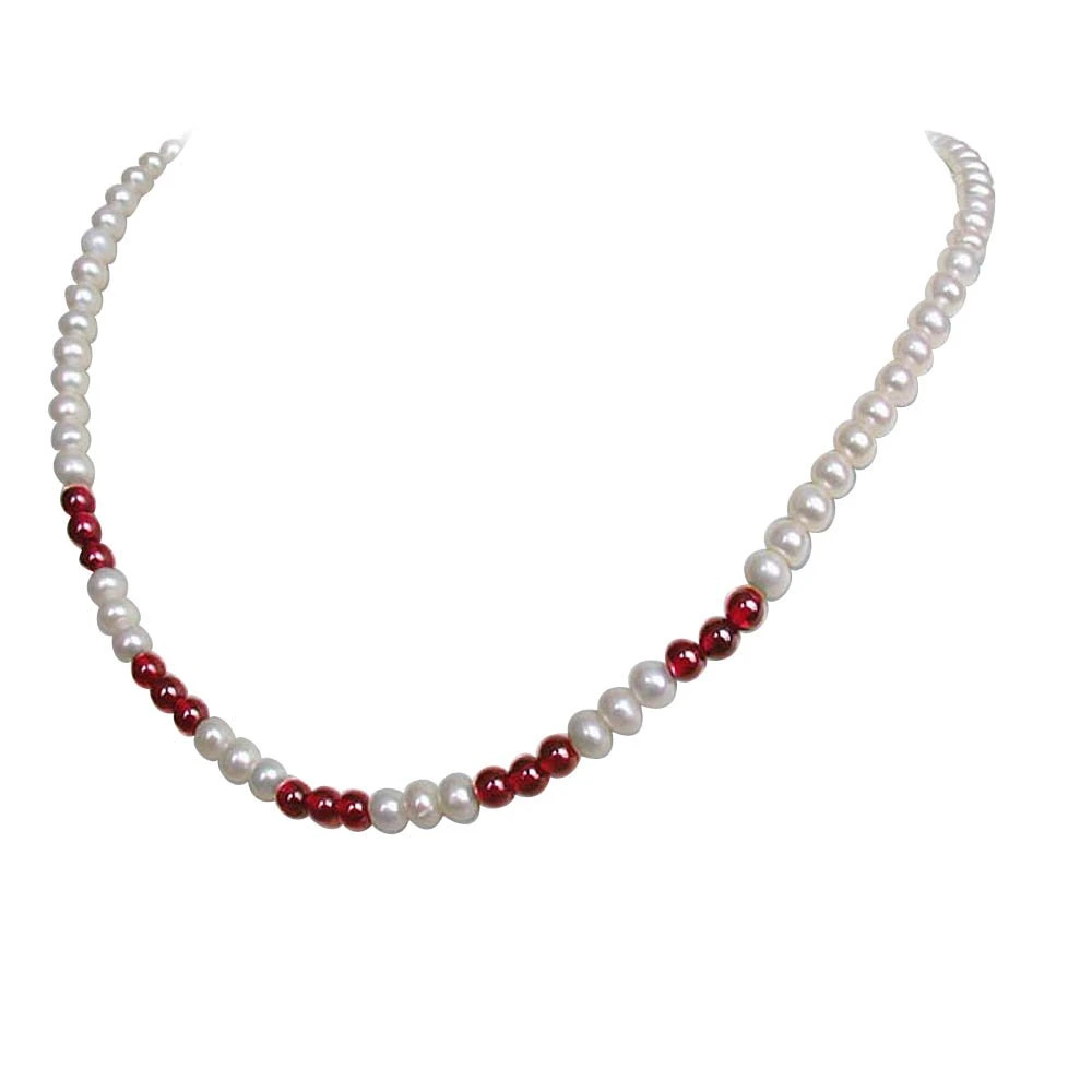 Charisma - Single Line Real Freshwater Pearl & Red Garnet Beads Necklace for Women (SN236)